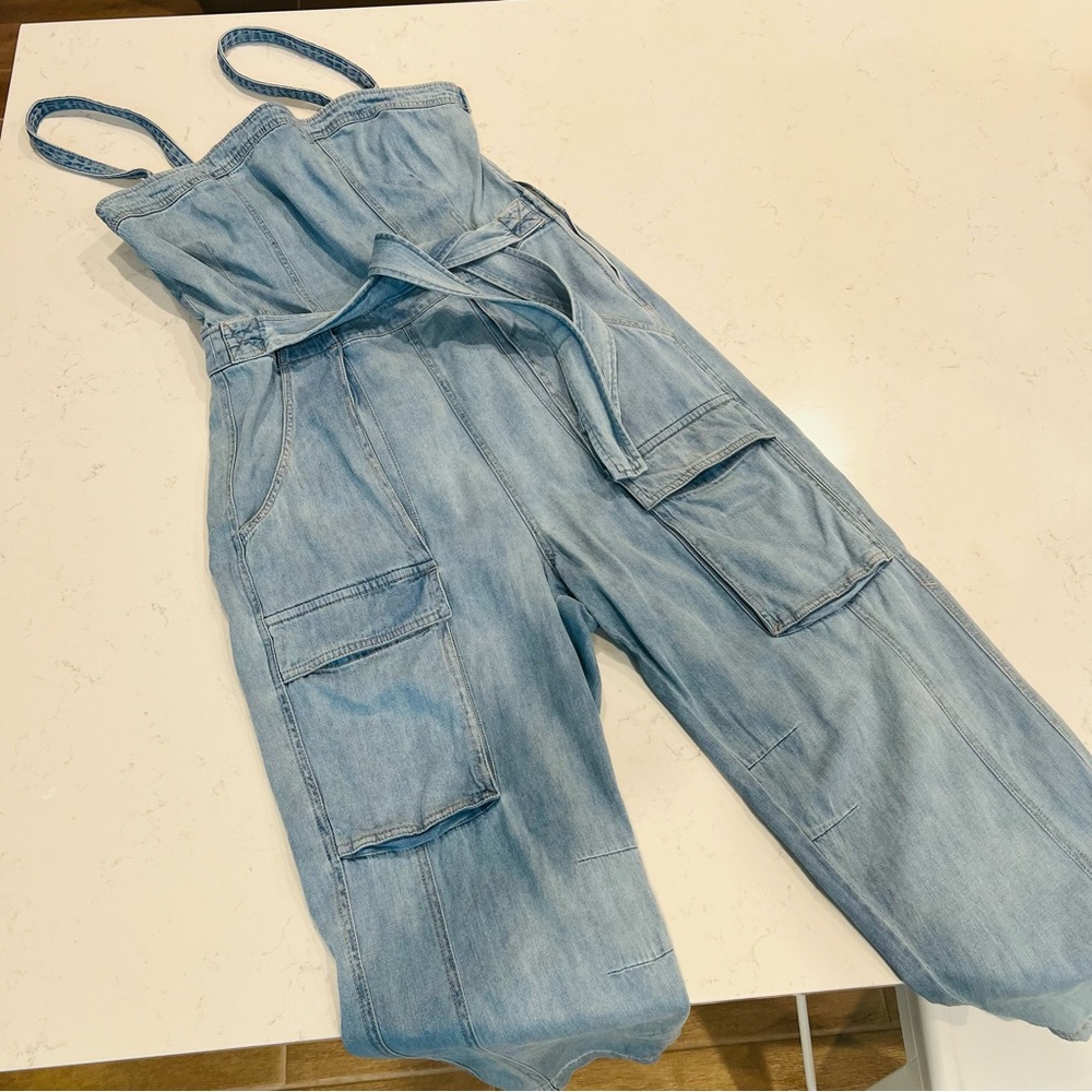 Free People Light Denim Cargo Jumpsuit